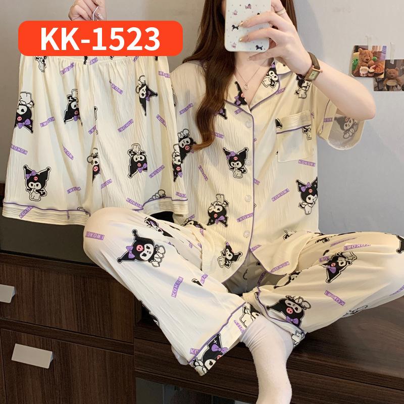 Retro Small Floral High-End Wrinkled Cloth Pajamas Women'S Summer Casual Homewear Short-Sleeved Three-Piece Set