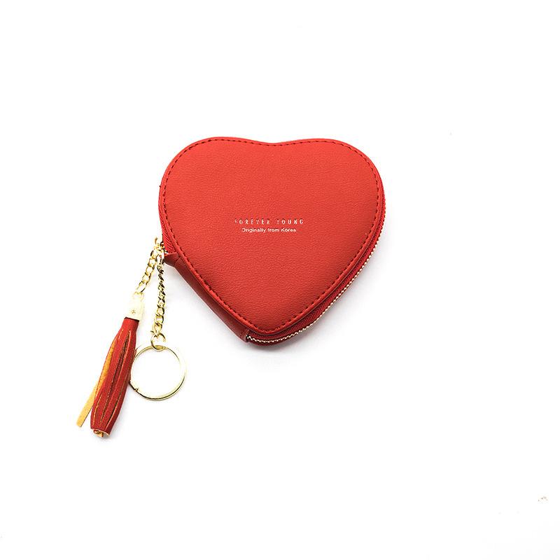 Cute Heart Shaped PU Leather Coin Purse Small Wallet with Tassel Trendy Zip Coin Holder for Girls