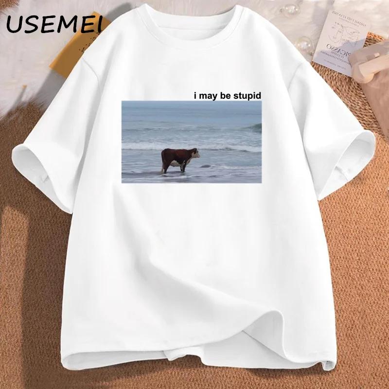

I May Be Stupid Cow on Beach Funny Meme T Shirt Cotton Short Sleeve Men s Fashion O-Neck T-shirt Casual Cozy Cotton T Shirts S