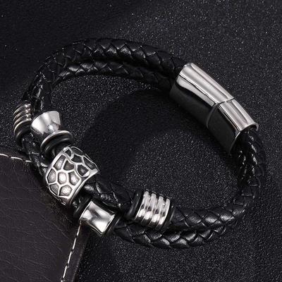 Bracelet pour homme en cuir véritable noir avec boucle en acier inoxydable