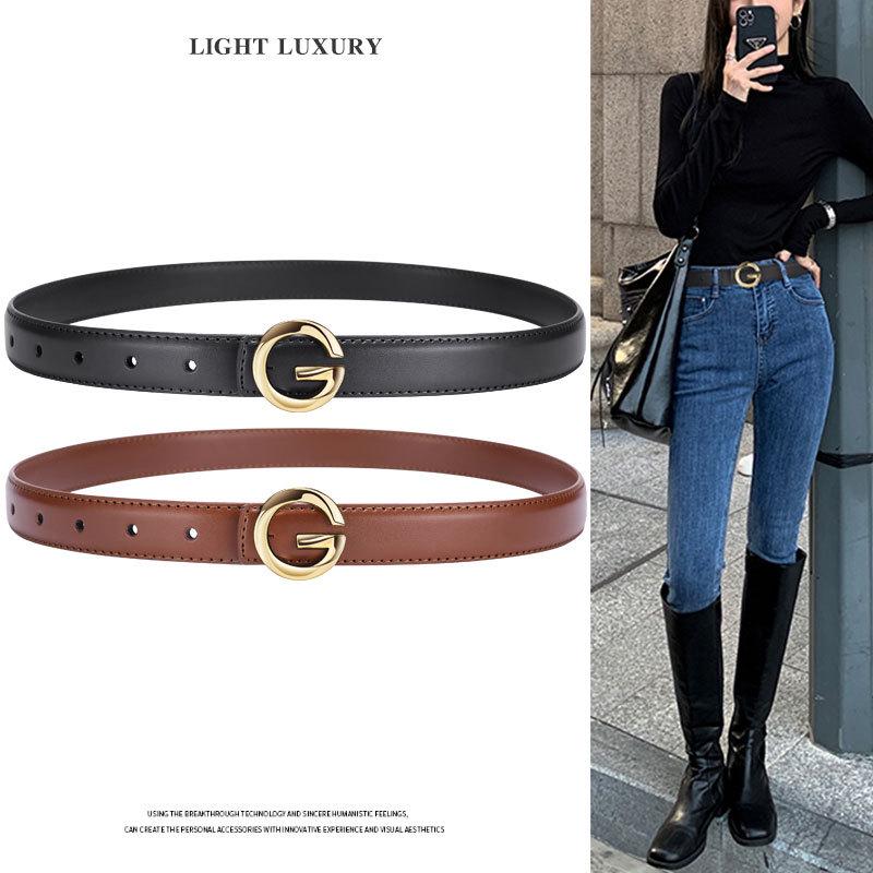 Chic Versatile Women's Thin Leather Waist Belt with Simple Letter Buckle - Black, Ins Style, Light Luxury.