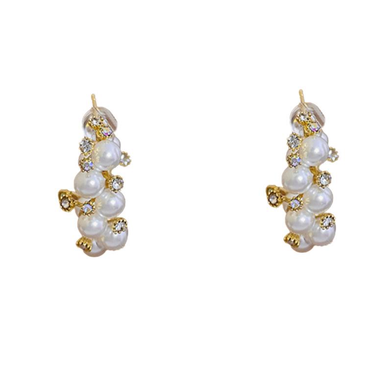 Silver Needle Diamond Pearl C-Shaped Earrings French Retro Premium Temperament Earrings Personality Light Luxury Earrings Women