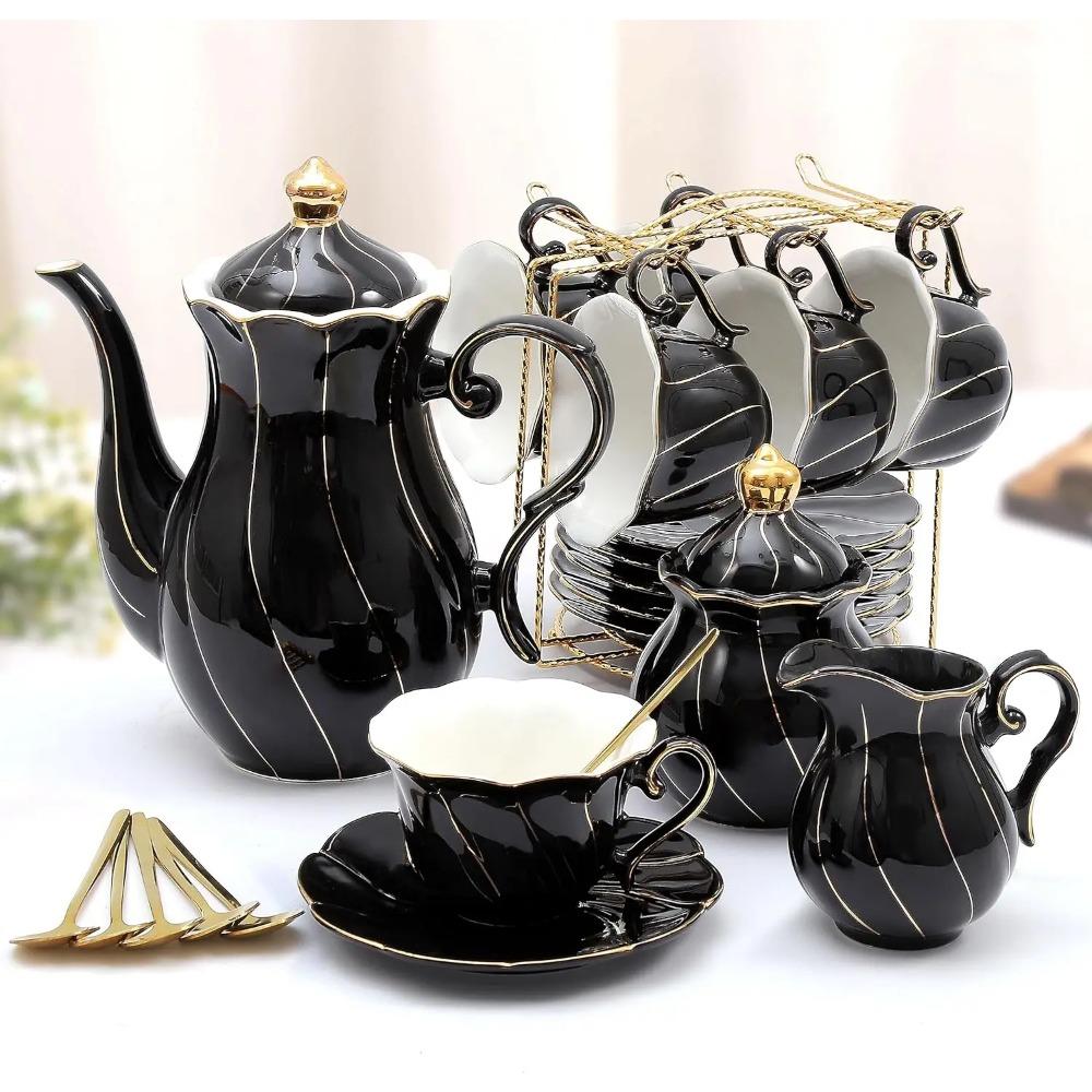 22 pcs Porcelain Tea Set for 6, Luxury British Style Tea/Coffee Cup Set with Golden Trim, Beautiful Tea Set for Women