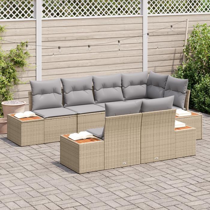 Set de canapé de jardin 7 pièces avec coussins Beige Rattan Poly Acacia 3356775