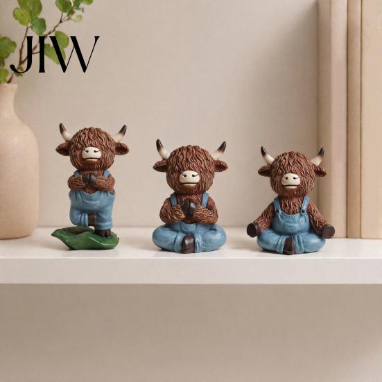 Pastoral Home Accents Yoga Highland Cow Resin Figurine, Farmhouse Style Overalls Statues, Waterproof Crafted Collectibles Garden Ornament for