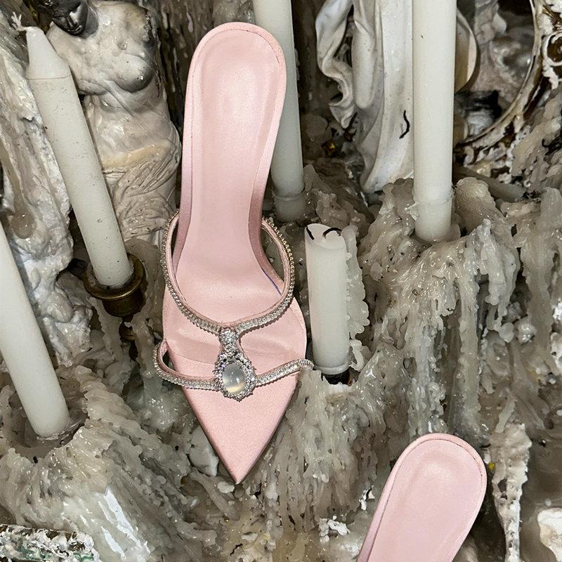 Fashion Summer 2025 High Heels, Gemstone Chain Open-Toe Sandals, Gold Powder Family Flip-Flops, Women'S Thin Heels