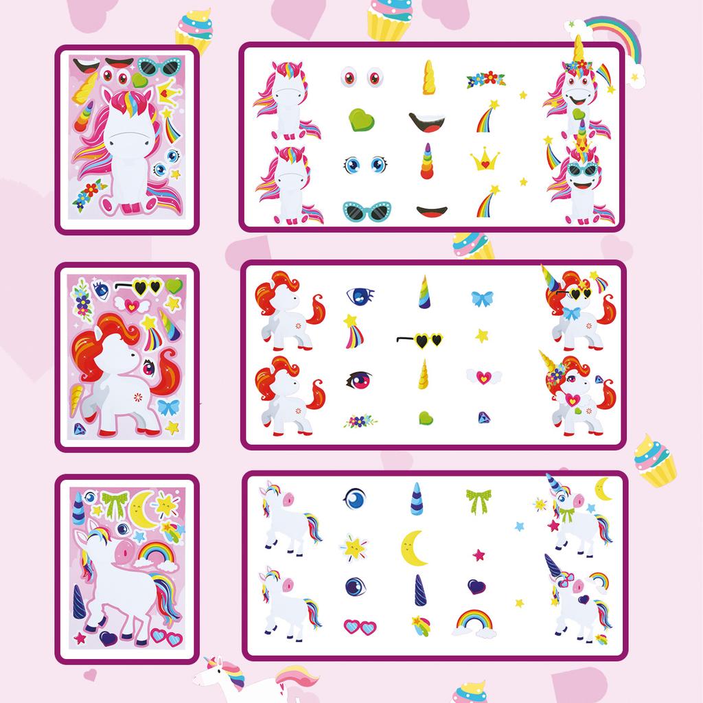 12Sheets Rainbow Horse Children DIY Puzzle Sticker Games Unicorn Birthday Party Make A Face Funny Assemble Jigsaw Stickers Gifts