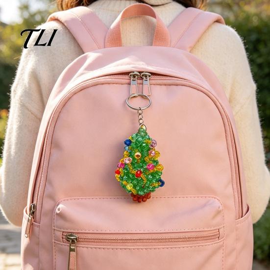 DIY Holiday Ornament Kit Christmas Tree Keychain, Faux Crystal Beaded Xmas Pendant, Creative Festive Making 3D Key Ring Charm Accessory for Home Decor