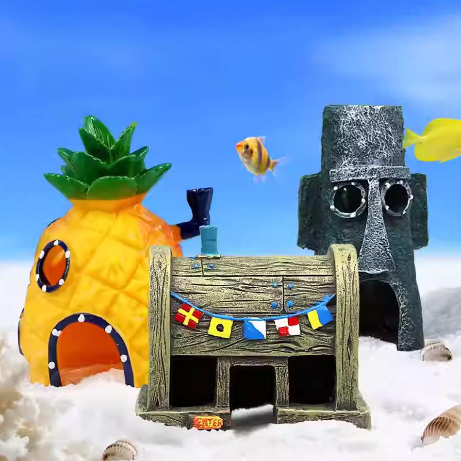 3pcs Cartoon Fish Tank Decoration Character Jewelry Simulation Resin Pineapple House Escape Rest Aquarium Play Entertaining Safe Kid Friendly Fun