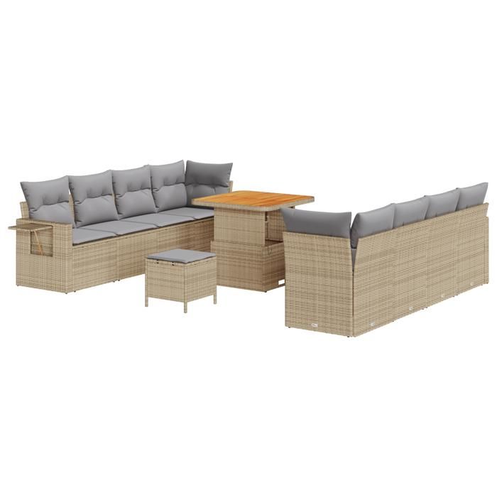 Ensemble de canapé de jardin 11 pièces avec coussins beige poly rotin acacia, Ensemble de salle à manger de jardin 3 pièces 3361717