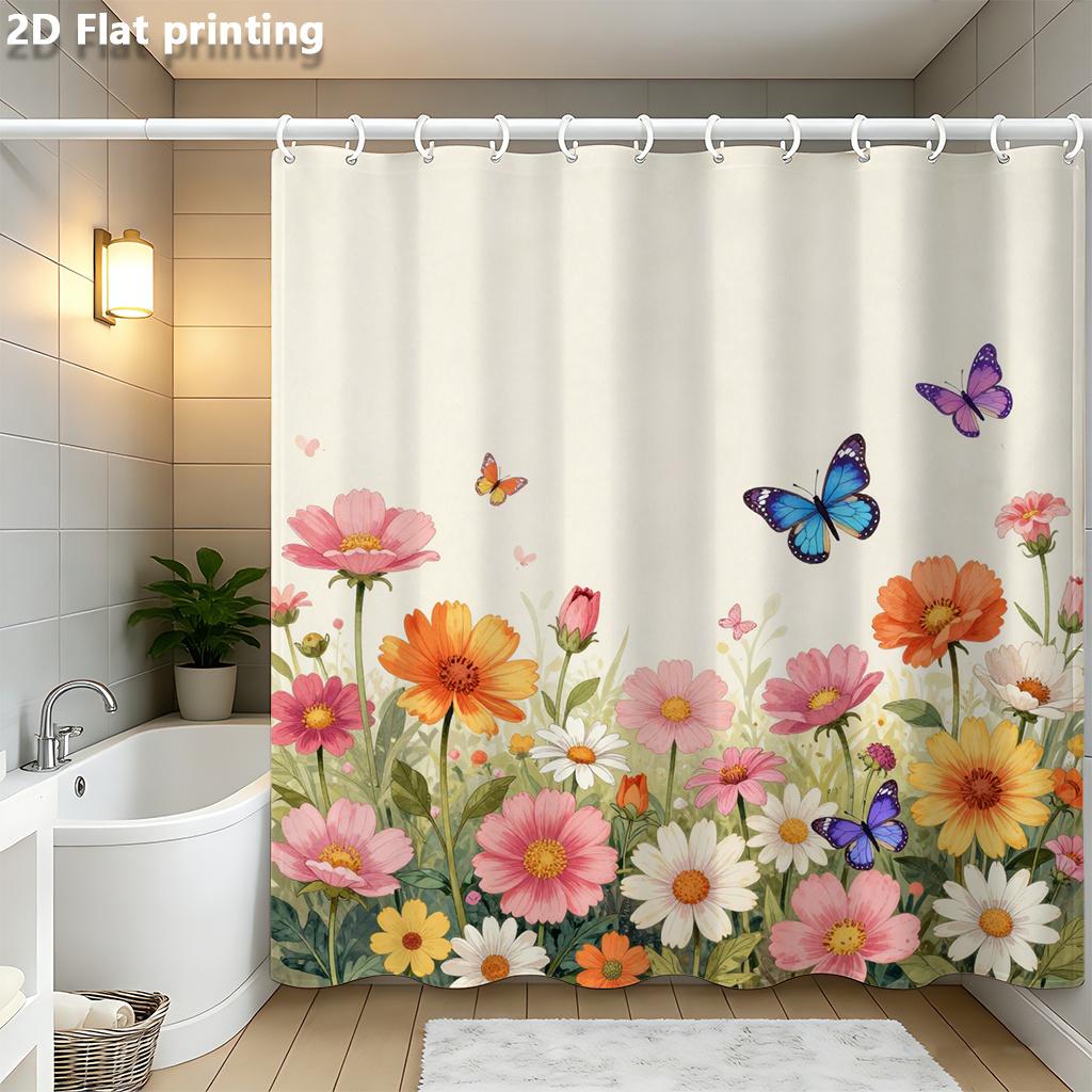 

Colorful Floral & Butterfly Shower Curtain 1Pc With 12 Hooks Polyester 2D Flat Print 70.8X70.8 Inch For Bathroom Home Decor W60H190(CM)-1 Pcs