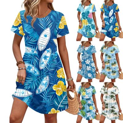 Dresses For Women Short Sleeve Print Round Neck Casual Dresses Waist Dress With Pockets