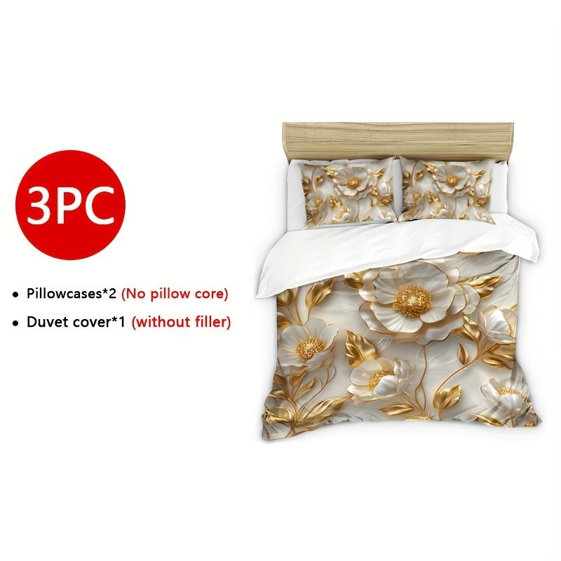 3pcs Golden Golden Edge Flower Quilt Set (1 Duvet Cover + 2 Pillowcases Coreless) White 3D Carved Series High Definition