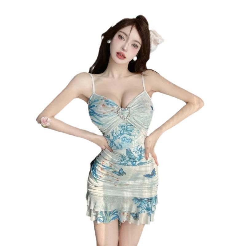 Floral Mesh Low-Cut Strappy Mini Dress with Ruffle Waist-Cinched Slim Fit