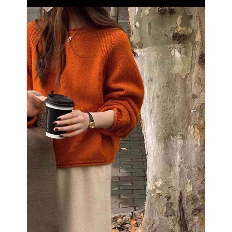 

Вязаный топ нежного цвета с завитками, свободного кроя, универсальный, ленивый, мягкий, восковой, пуловер с низким круглым вырезом для женщин One size оранжевый