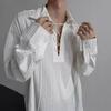 Men Shirt White Long Sleeve Lapel Lace-up Collar Pullover Tops Vertical Stripe Texture