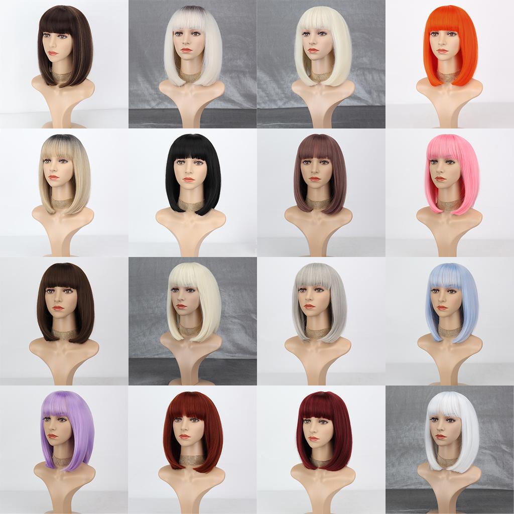 MERISIHAIR Women Short Straight Bob Brown Wig with Bangs Synthetic Fiber Shoulder Length Natural Brown Daily Wear Wig