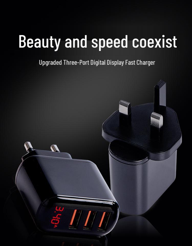 5V2A Fast Charger with Three Ports & Digital Display - Compatible with Apple, PDQC; UK & EU Plugs