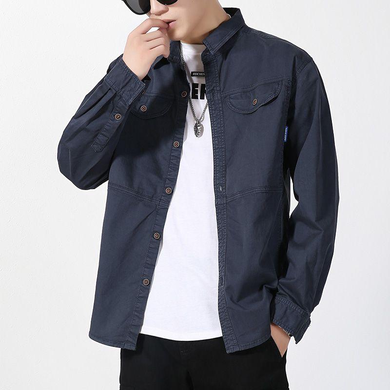 Men's Casual Long-Sleeved Shirt Trendy Brand Loose Fit Cotton Stretch Versatile Cargo Jacket Autumn Top
