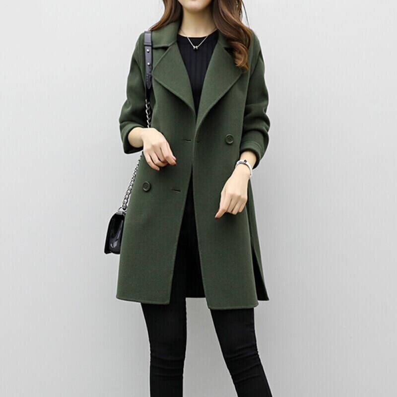 Autumn/Winter Women's Medium-Length Woolen Jacket Loose-Fit Slimming Double-Row Buttoning Overcoat
