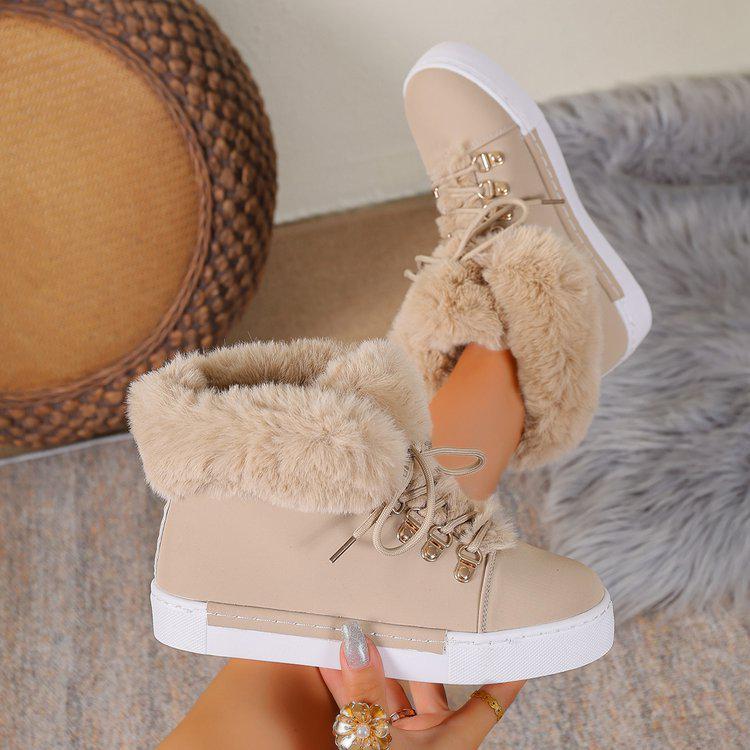 Women's Winter Casual Leather Boots with Long Fur Lining - Warm, Fleece-Lined, Plus Size, Short Shaft Snow Boots