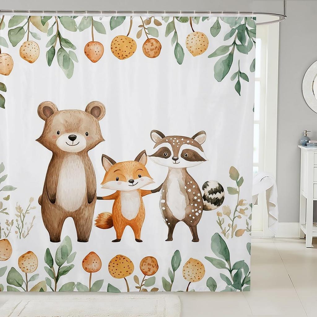 Pink Fox Shower Curtain Japanese Cherry Blossoms Bath Curtain Girls Teens Cute Cartoon Bathroom Shower Curtain Set Waterproof