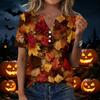 Women's Casual V-Neck Short Sleeve T-Shirt with Fall Leaves Print and Button