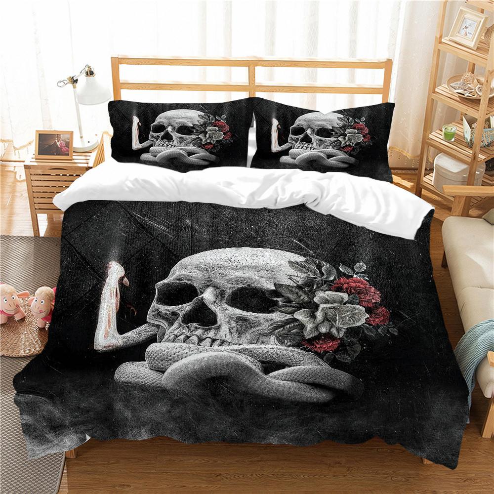 Totenkopf-Bettwäsche, Mikrofaserstoff, schwarzer Totenkopf-Druck, Bettbezug und Kissenbezug, 2 oder 3 Einzelbetten, Doppelbett, volle Größe, Heimdekoration