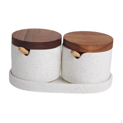 2 kusy Nádoba na koření Keramická Kořenky Cukr Elegantní Design Lžička Dřevěný Podnos Skladování