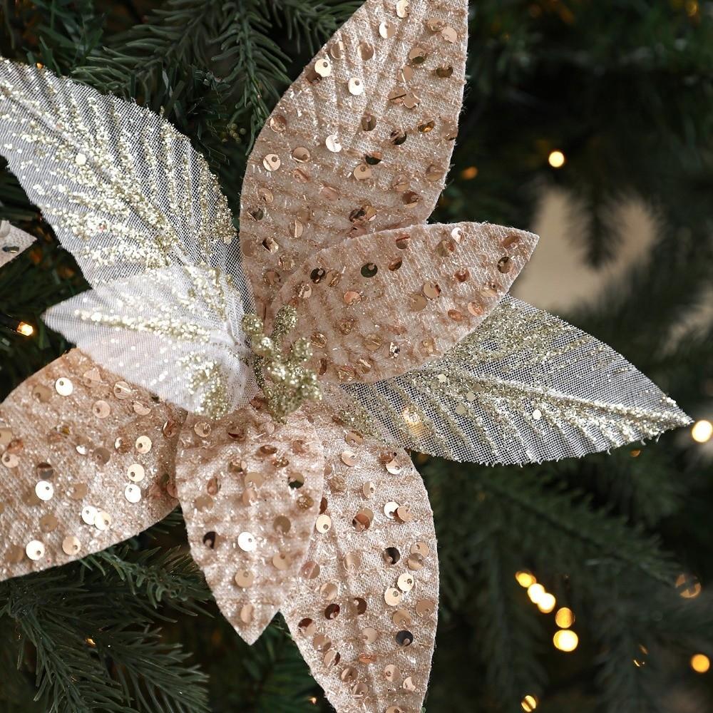 Realistic Christmas Artificial Flowers Sequin Mesh Poinsettia Flower New Year Decor