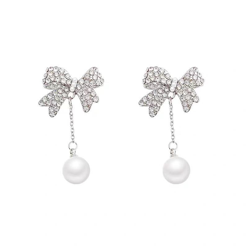 S925 Silver Needle Full Of Diamonds Butterfly Pearl Fringed Earrings Trendy High-End Light Luxury Stud Earrings Women
