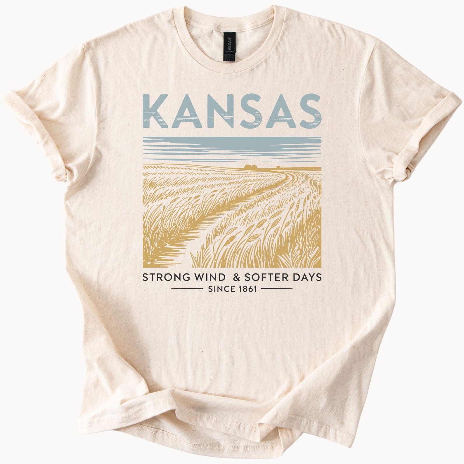Kansas Graphic T Shirt Strong Wind Softer Days Wheat Field Scenic Prairie Landscape Midwest State Tee Kansas Shirt Gift Since 1861 Farm 100
