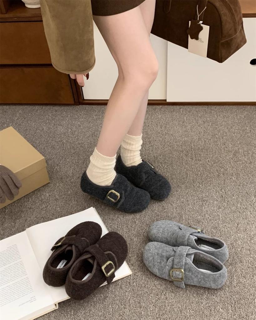 Gray fluffy shoes for women to wear in winter, new Korean version of woolen single shoes for women, flat-soled Doudou shoes, velvet thermal cotton sh