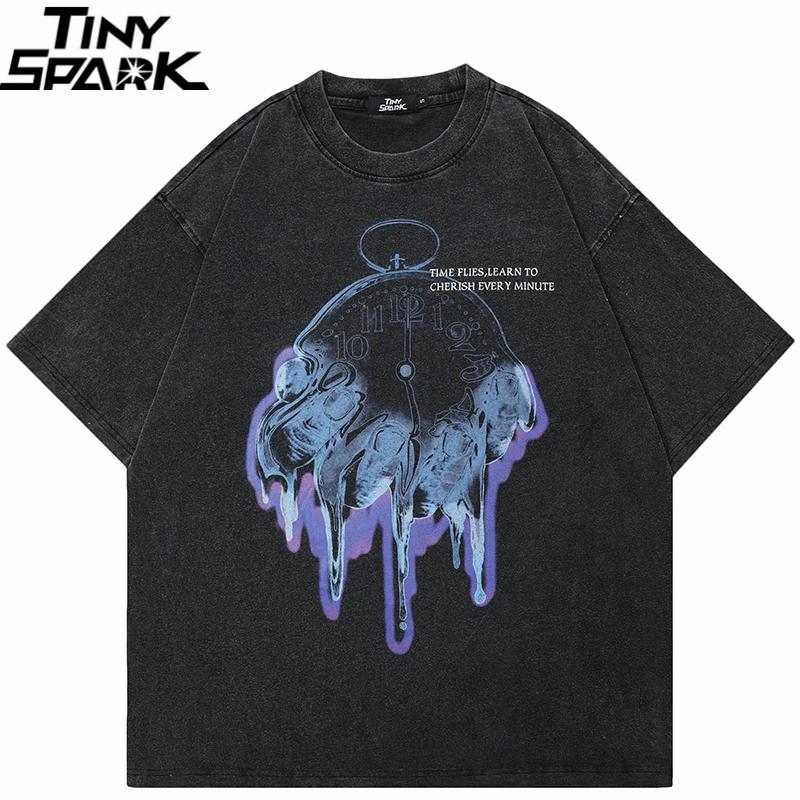 Hip Hop 2025 Streetwear Vintage Washed Black T-Shirt Time Flies Aesthetic Graphic T Shirt Cotton Unisex Tshirt Men Tops Tee Dope