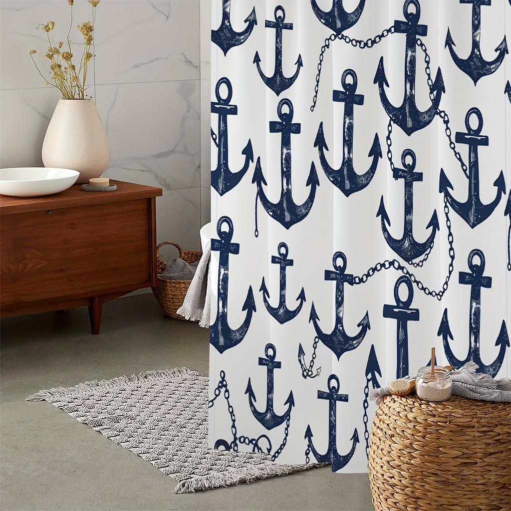 Vintage Ocean Anchor Print Shower Curtain, Window Curtain With 12 Hooks 180X180Cm Bathroom Decoration