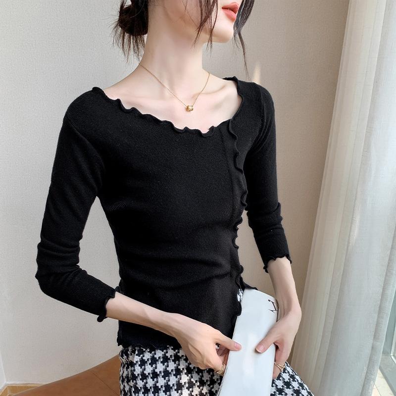 Fungus edge exposed collarbone solid color bottoming shirt women's clothing autumn new slim and thin top knitted sweater
