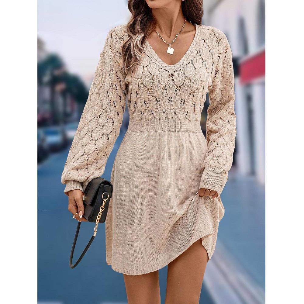 LYRIA Women Autumn Winter Sweater Dresses V-neck 3D Crochet Knitted Long Pullovers Sweaters Dress