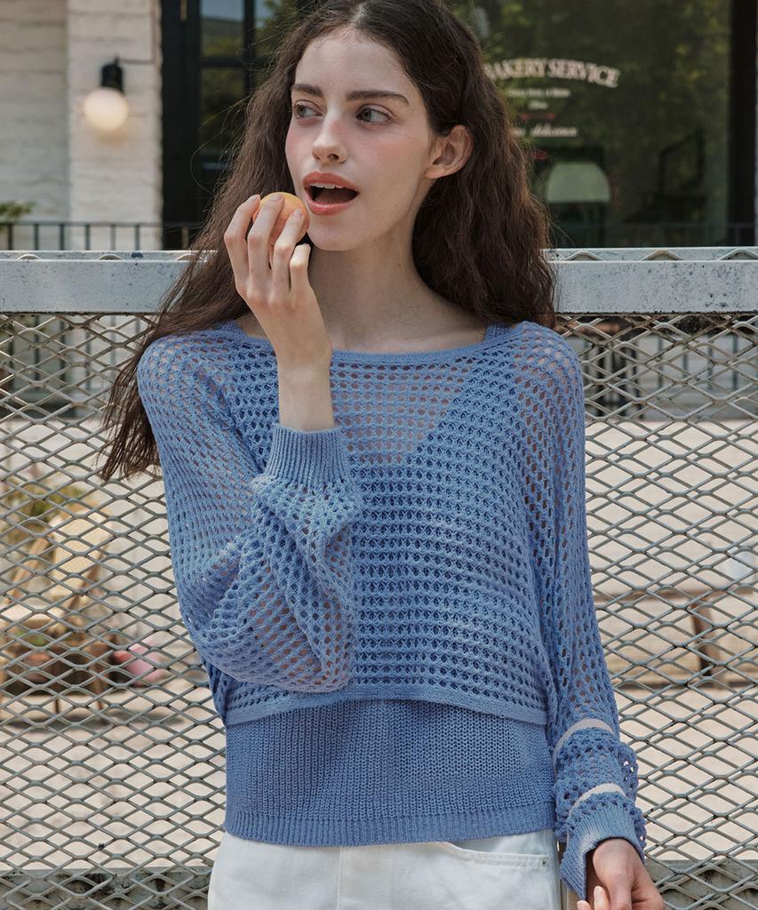 ZEROSTREET [2 Colors] Punched Boatneck Knit & Sleeveless Set