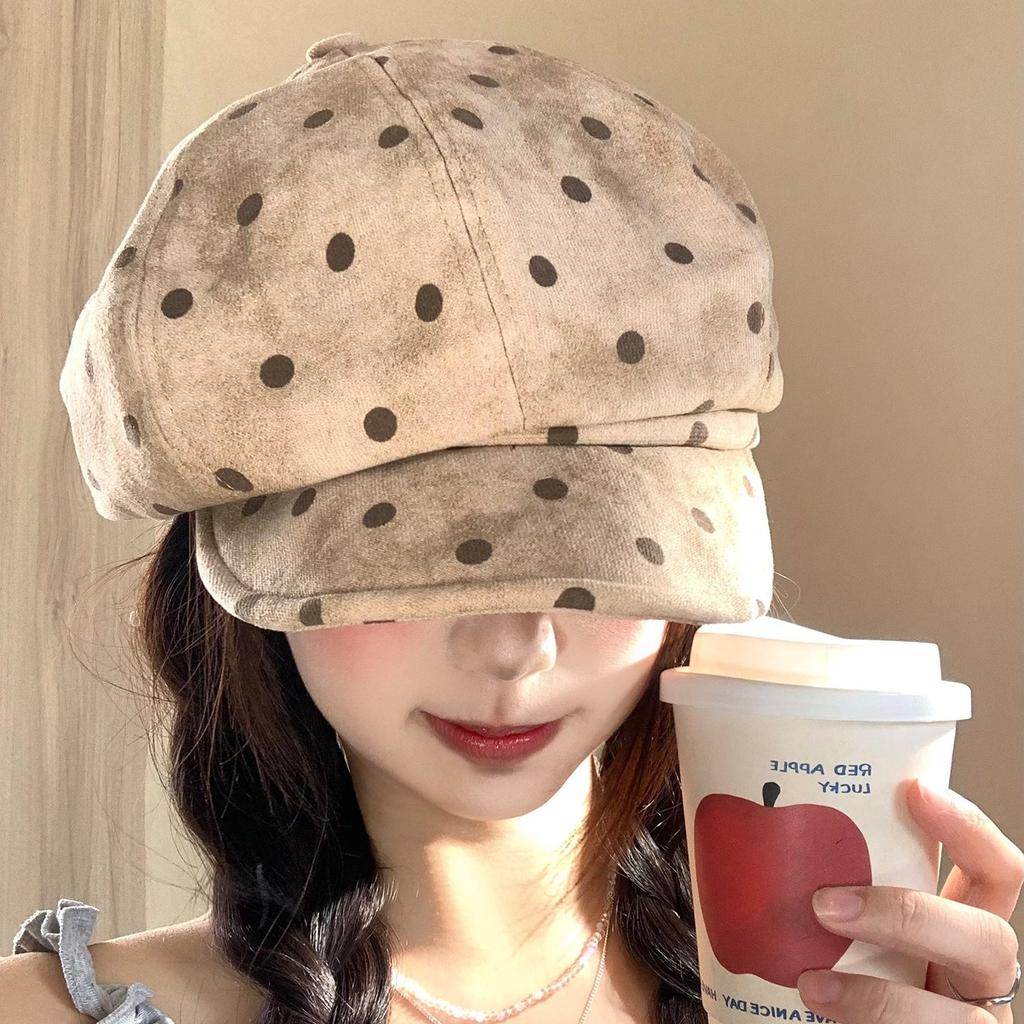 Korean Retro Polka Dot Octagonal Hat Women'S Early Autumn Big Head Circumference Soft Brim Literary Beret Fashion Newsboy Painter Hat