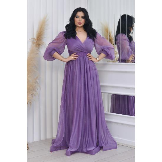 Zweireihiges Abendkleid mit Kragen, Gürtel und Ballonärmeln aus glitzerndem Tüll TE Settür Abendkleid