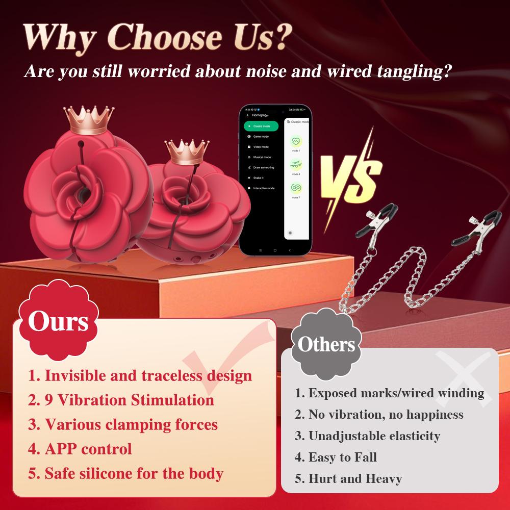 APP+remote Control 9 Modes Wearable Vibrating Nipple Clamp Rose Silicone Breast Clamp Breast Massager Couple Waterproof Sex Toy