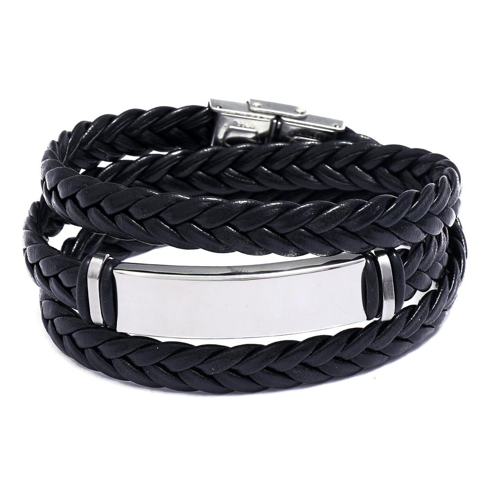 Simple And Stylish Stainless Steel Woven Leather Bracelet, Titanium Steel Smooth Multi-Layer Men'S Leather Bracelet