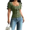 Women's Casual Solid Button Front Square Neck Short Sleeve T-Shirt Top Slim Fit Lightweight Stretchy Fabric