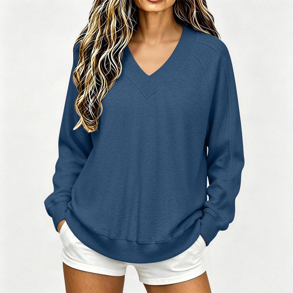 Women's Casual V-Neck Long Sleeve Sweatshirt Top for Everyday Wear