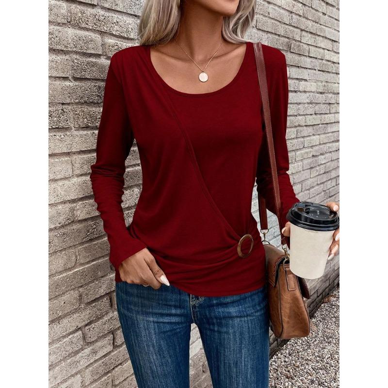 Women's Fashion Casual Spring Fall Solid Color Print Long Sleeve O-Neck Pullovers & Long Sleeves
