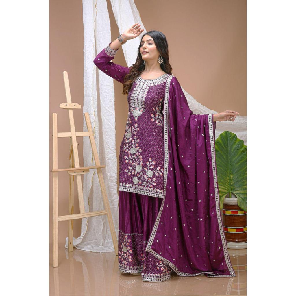 Présentation du nouveau costume Sharara en Chinon Brodé Design avec Broderie à Sequins et Travail Multi-Fil