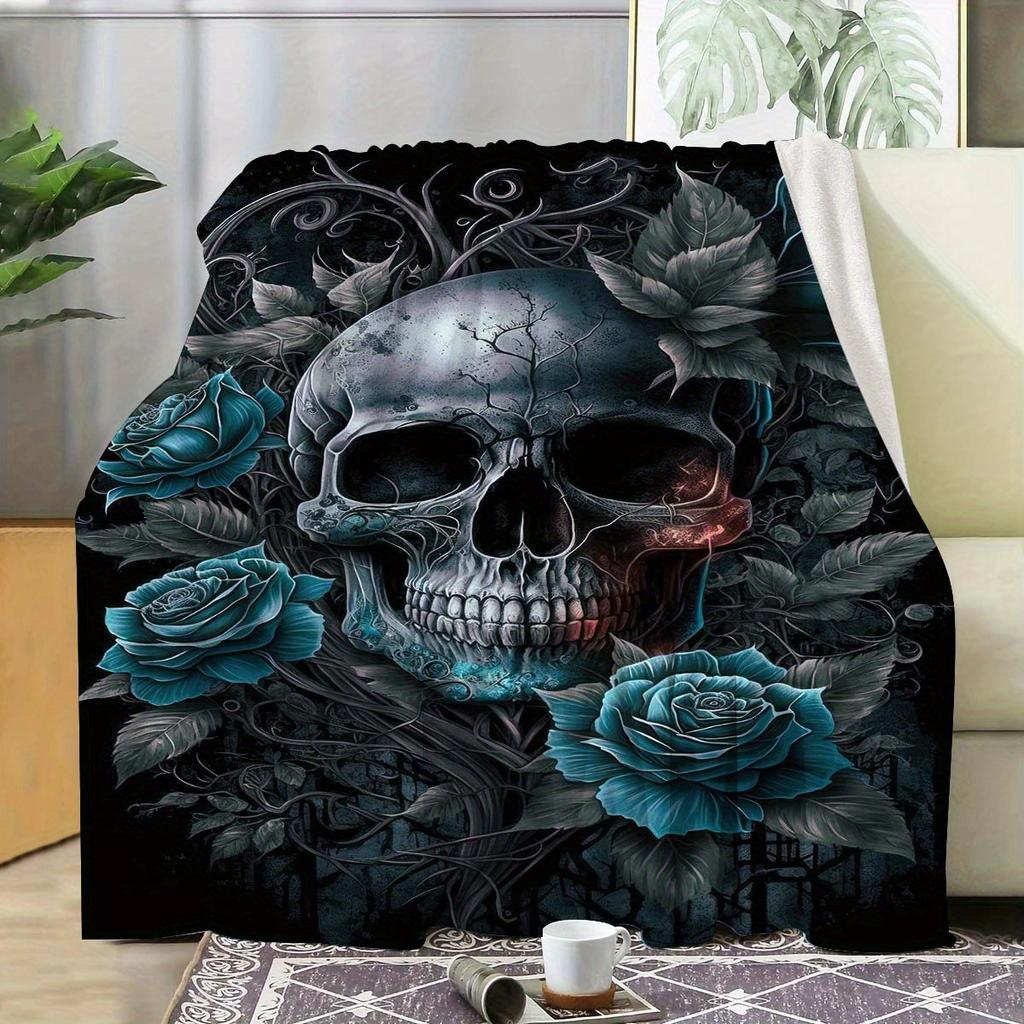Rose & Totenkopf Flanelldecke - Premium Weiche Überwurfdecke für Sofa/Bett/Reise, Gothic Halloween Geschenk für Erwachsene, Ganzjahres-Kuschelig