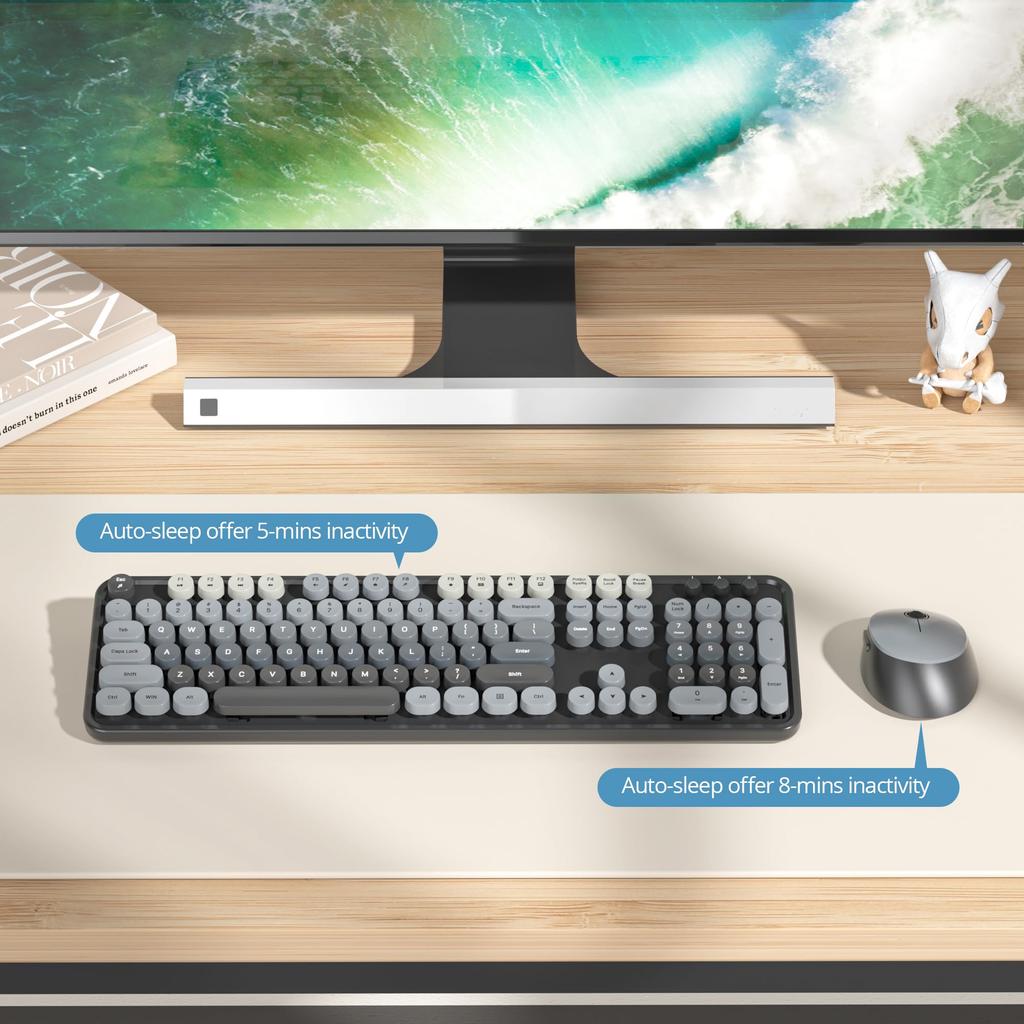 Czarna Klawiatura Bezprzewodowa i 104 Klawisze Pełnowymiarowa Urocza Kolorowa Klawiatura z Numerem Retro Piszmaszyna Okrągłe Klawisze dla Windows PC Układ USA Czarna Mysz,