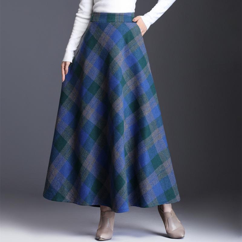 

Women s Wool Plaid A-Line High-Waisted Mid-Length Skirt, Autumn/Winter Style with Wide Hem Patchwork Design Medium
