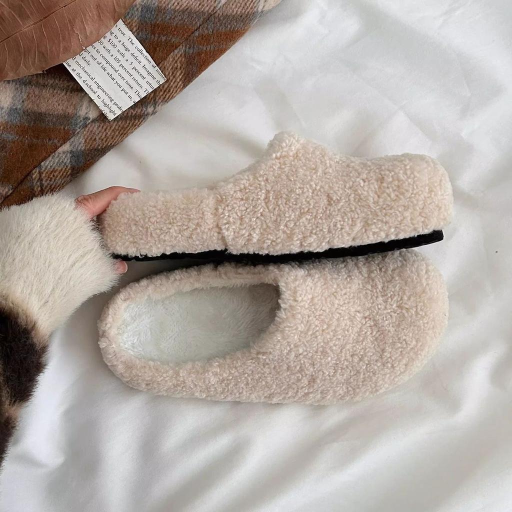 Baotou hairy half slippers women's wear autumn and winter 2025 new one-pedal lamb wool cotton slippers flat bottom